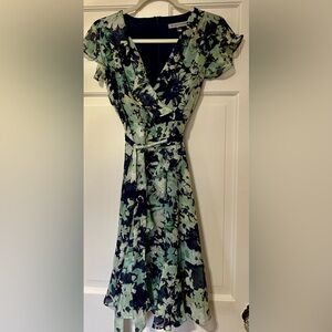 Danny & Nicole 4 Green and Blue Floral Ruffle Faux Wrap  Dress Darling Lined